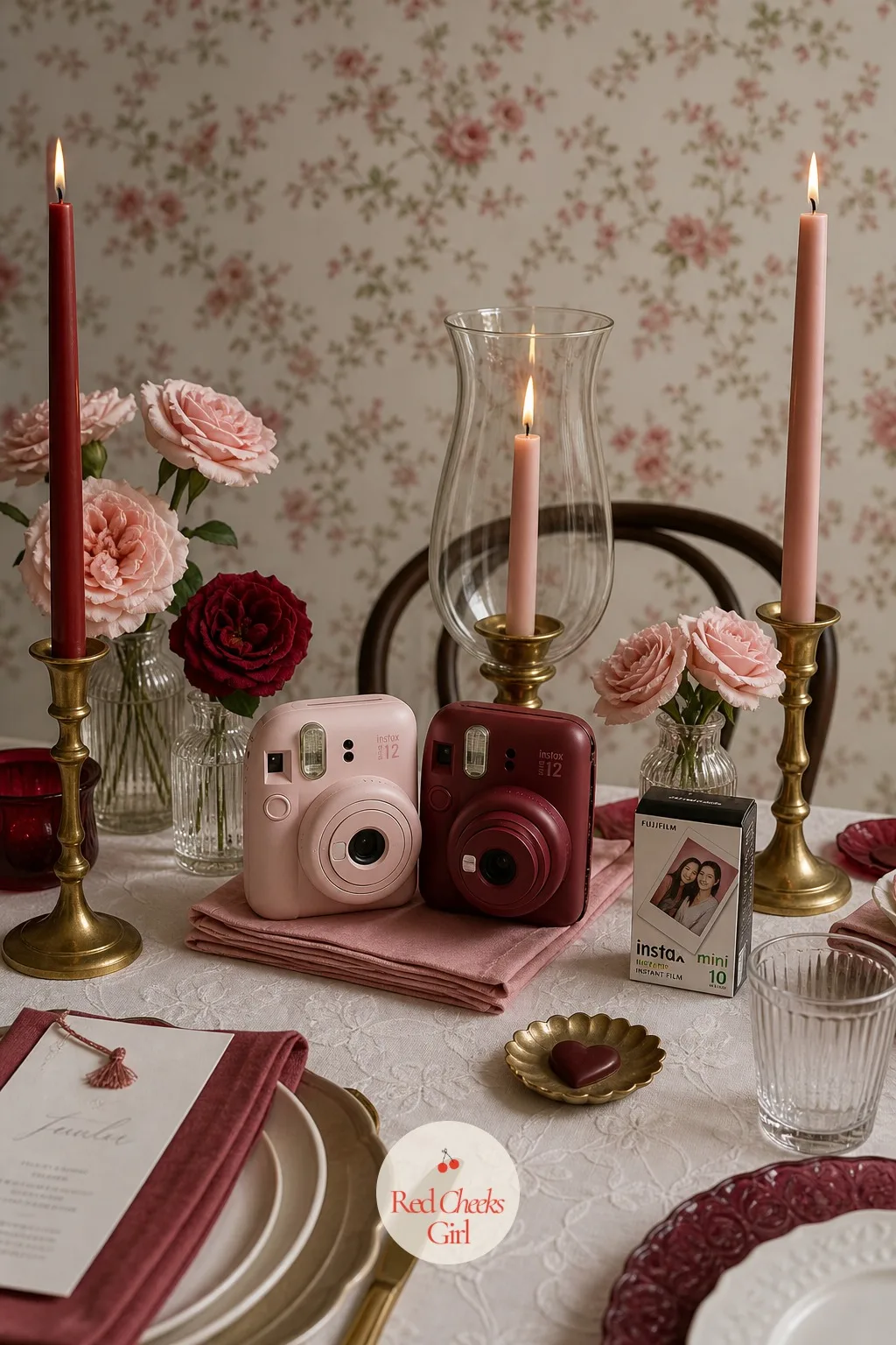 Instant Cameras on the Table — Down the center of the table, tucked between the candles, one or two instant cameras wait for anyone to pick them up, a small