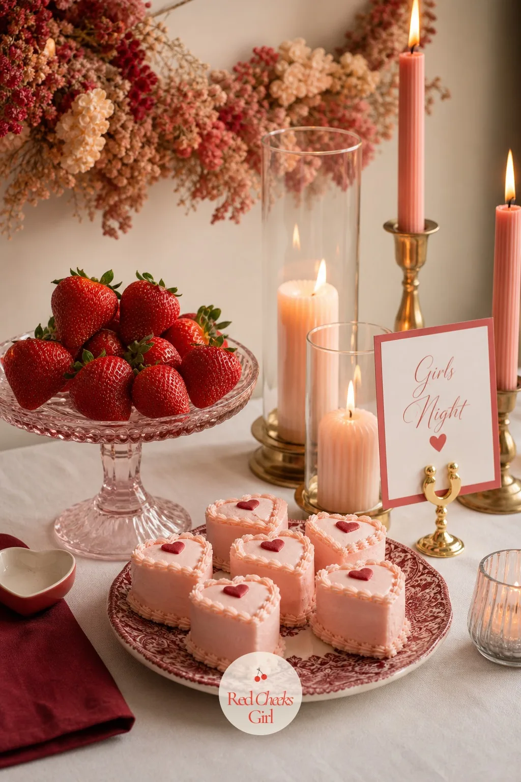 Mini Heart Cakes — Beside the strawberries, a small cluster of individual cakes gives each guest her own single serving rather than a slice cut from a larger