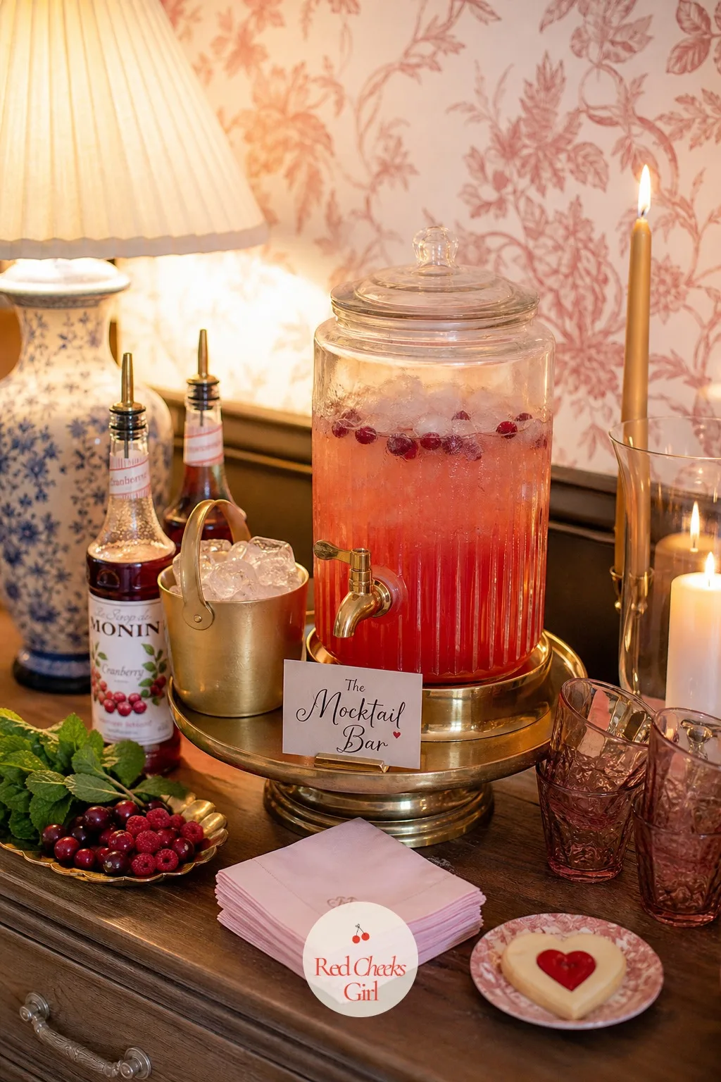 The Mocktail Bar — Next to the wine, a second tray carries the alcohol-free side of the night in full: a glass dispenser of something pink and sparkling, with