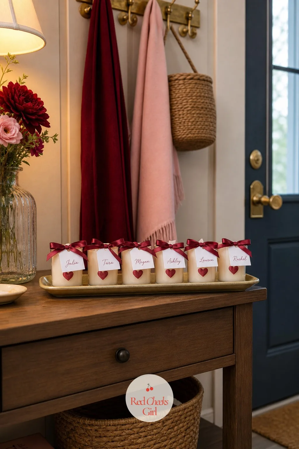Small Candle Favors — By the door, a small tray holds one mini candle per guest, each tied with a short length of cranberry satin ribbon and a tag with her