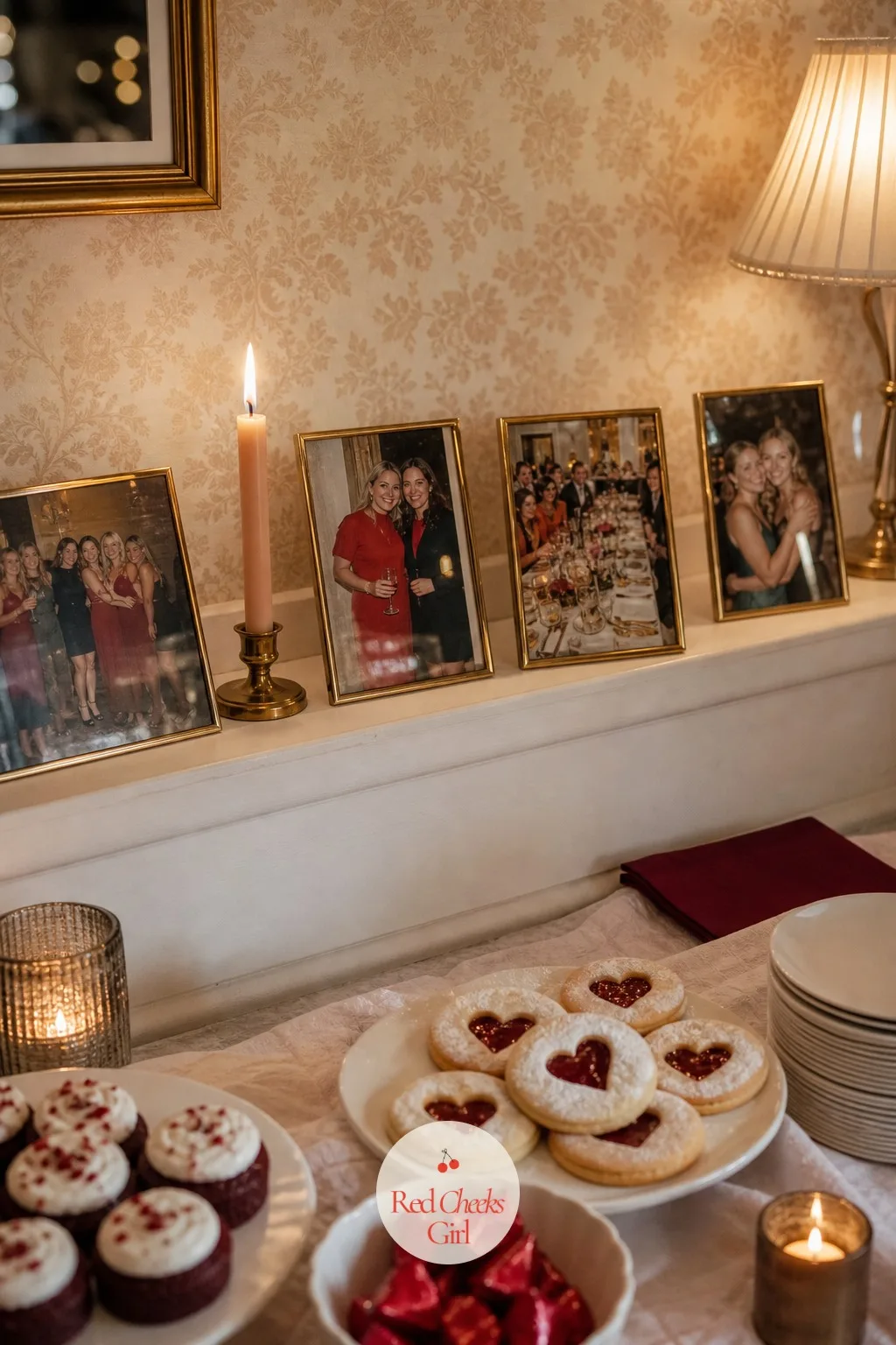 A Small Display of Framed Photos — On a shelf near the dessert table, a handful of brass picture frames stand in a loose row holding photos from other nights