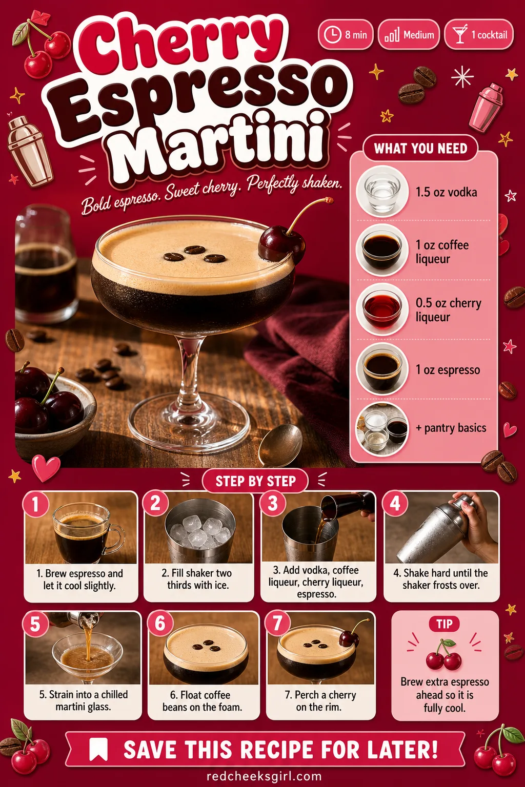 Cherry Espresso Martini Recipe Card printable sheet — Printable card: Cherry Espresso Martini, prep 8 min, total 8 min, yields 1 cocktail. Galentines drinks