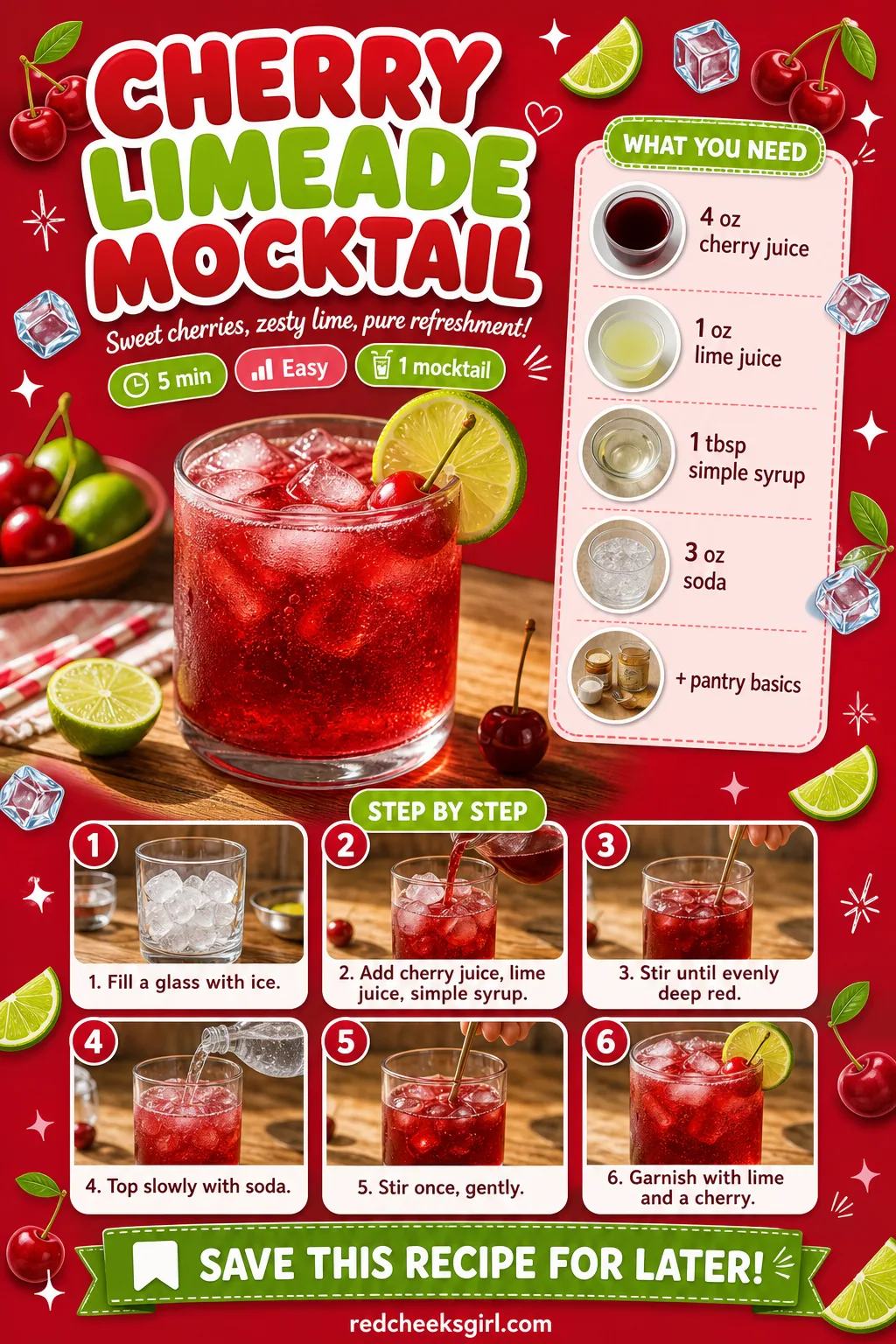 Cherry Limeade Mocktail Recipe Card printable sheet — Printable card: Cherry Limeade Mocktail, prep 5 min, total 5 min, yields 1 mocktail. Galentines drinks
