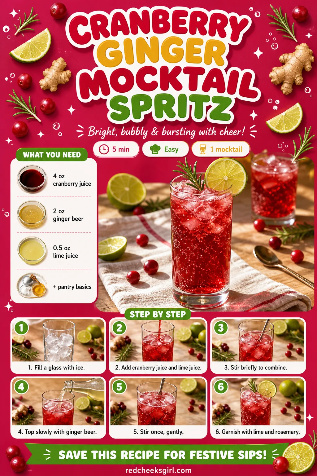 Cranberry Ginger Mocktail Spritz Recipe Card printable sheet — Printable card: Cranberry Ginger Mocktail Spritz, prep 5 min, total 5 min, yields 1 mocktail.