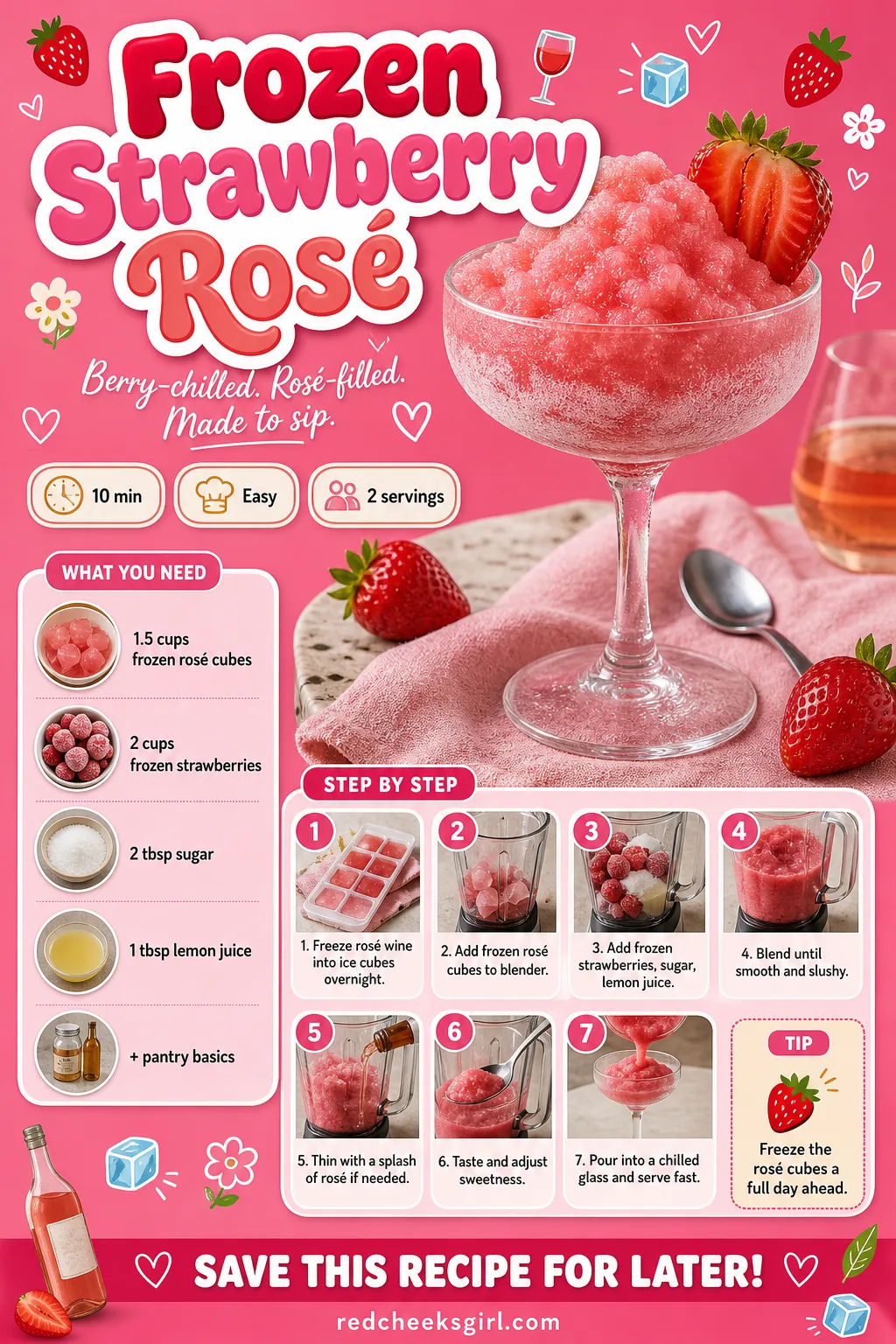 Frozen Strawberry Rosé Recipe Card printable sheet — Printable card: Frozen Strawberry Rosé, prep 10 min, total 10 min, yields 2 servings. Galentines drinks
