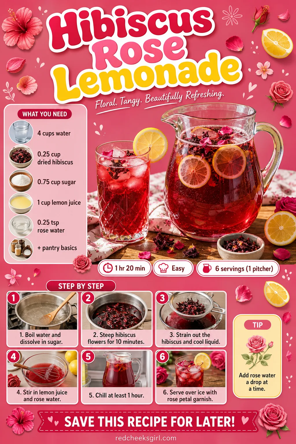 Hibiscus Rose Lemonade Recipe Card printable sheet — Printable card: Hibiscus Rose Lemonade, prep 10 min, total 1 hr 20 min, yields 6 servings. Galentines