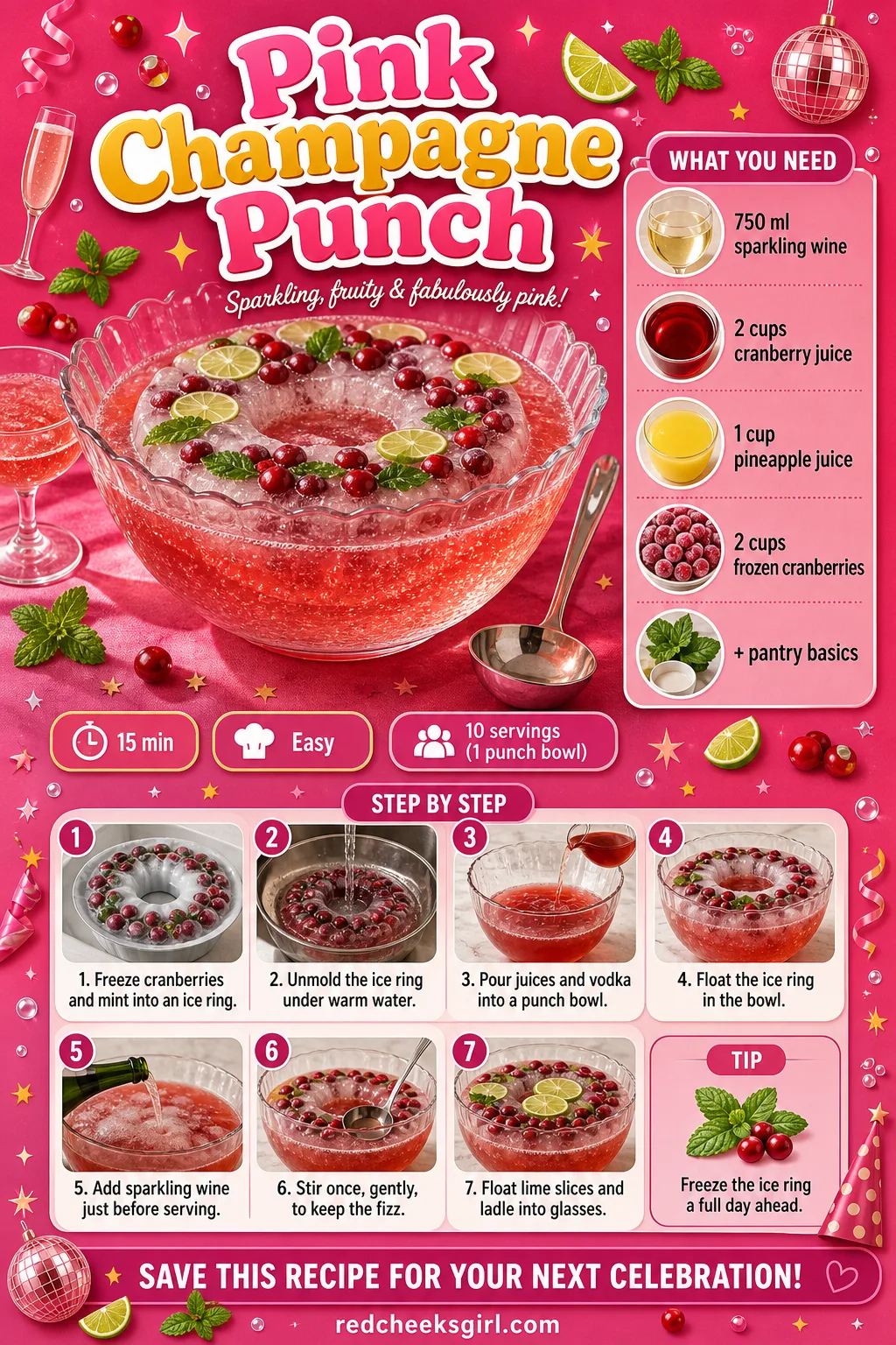 Pink Champagne Punch Recipe Card printable sheet — Printable card: Pink Champagne Punch, prep 15 min, total 15 min, yields 10 servings. Galentines drinks