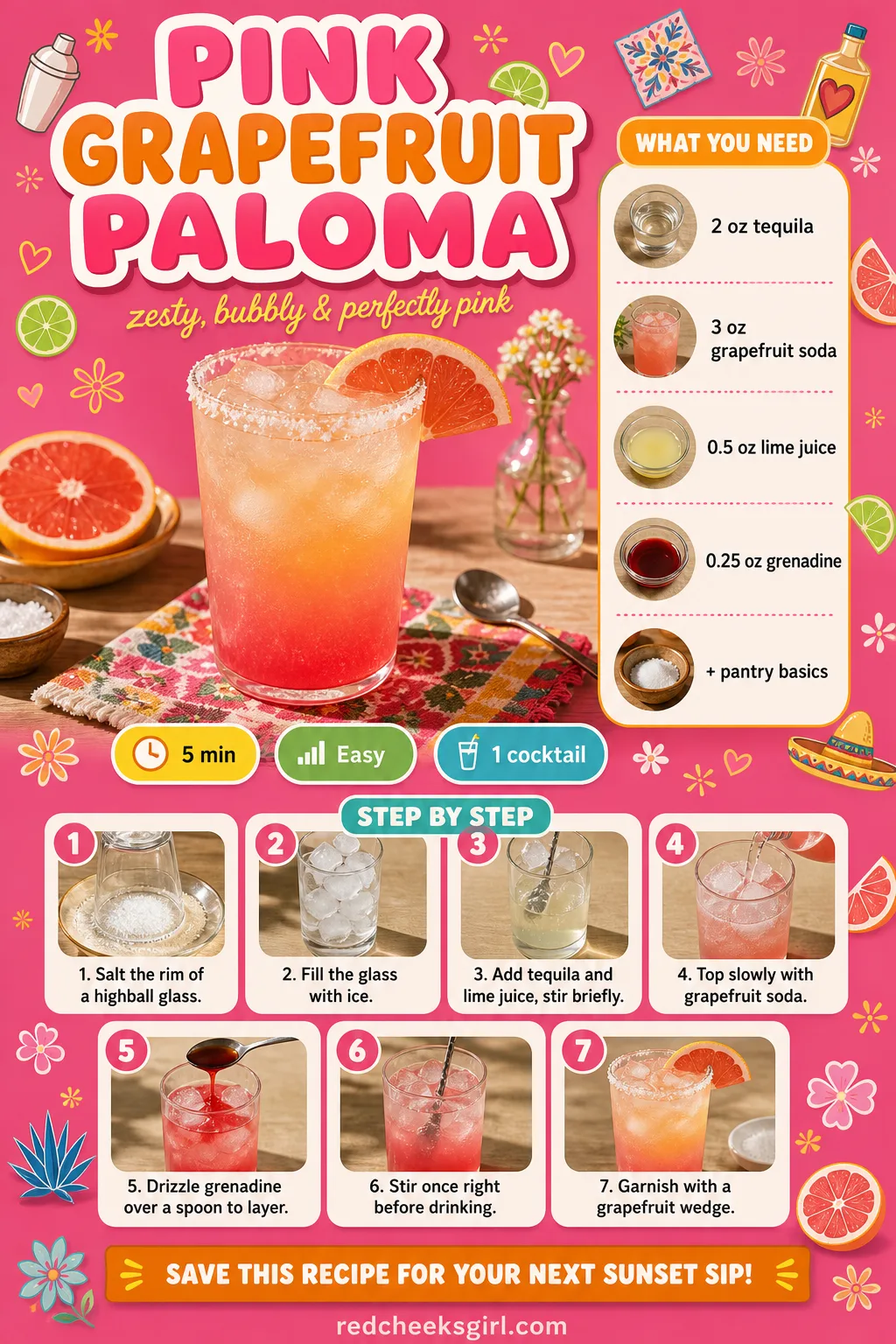 Pink Grapefruit Paloma Recipe Card printable sheet — Printable card: Pink Grapefruit Paloma, prep 5 min, total 5 min, yields 1 cocktail. Galentines drinks