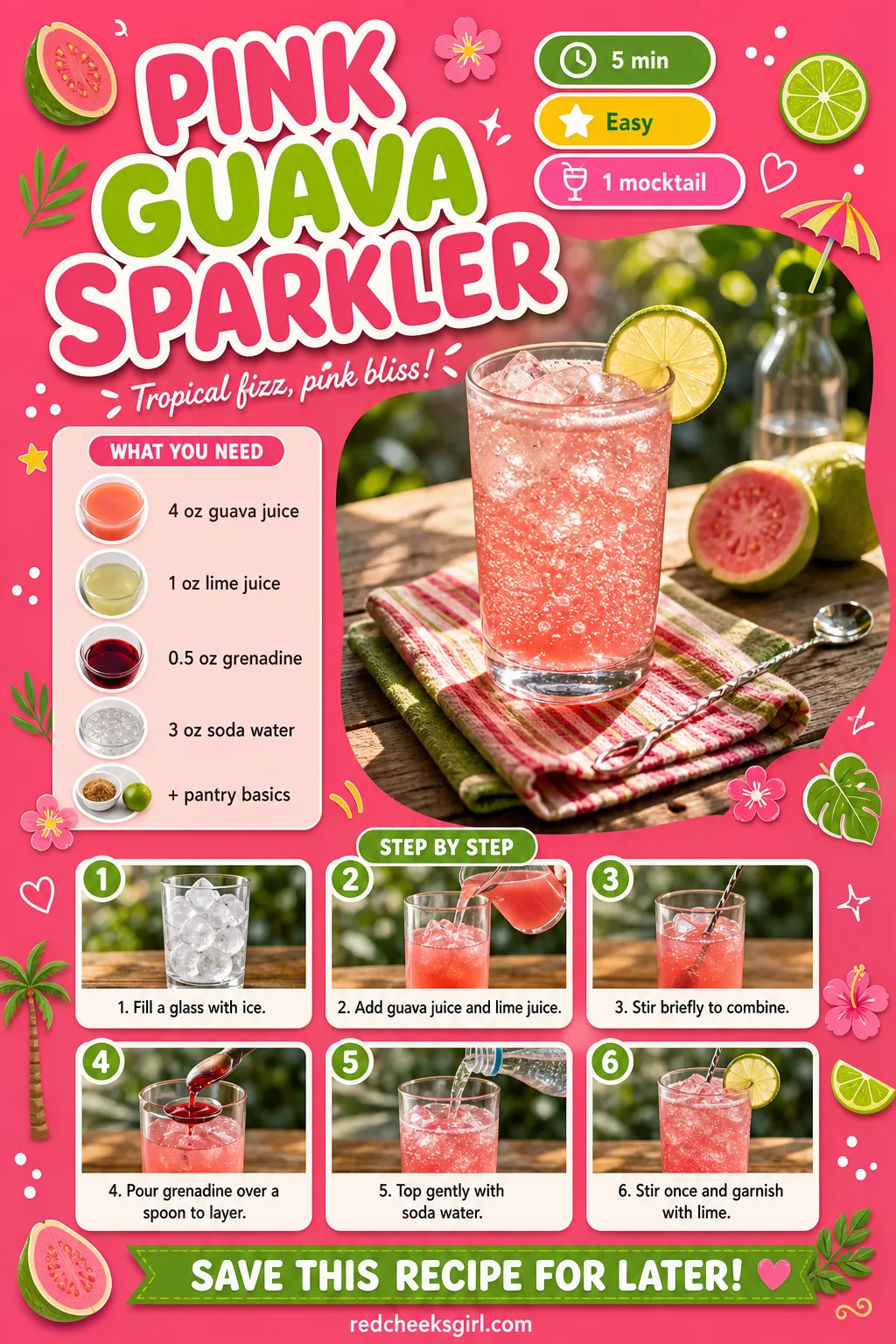 Pink Guava Sparkler Recipe Card printable sheet — Printable card: Pink Guava Sparkler, prep 5 min, total 5 min, yields 1 mocktail. Galentines drinks