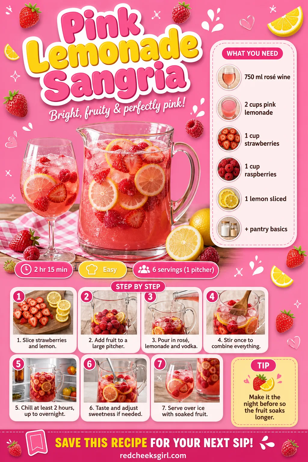 Pink Lemonade Sangria Recipe Card printable sheet — Printable card: Pink Lemonade Sangria, prep 15 min, total 2 hr 15 min, yields 6 servings. Galentines drinks