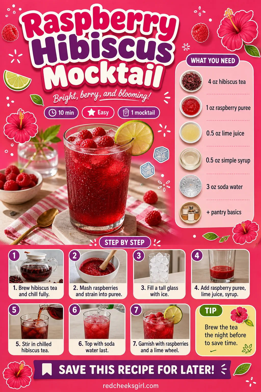 Raspberry Hibiscus Mocktail Recipe Card printable sheet — Printable card: Raspberry Hibiscus Mocktail, prep 10 min, total 10 min, yields 1 mocktail. Galentines
