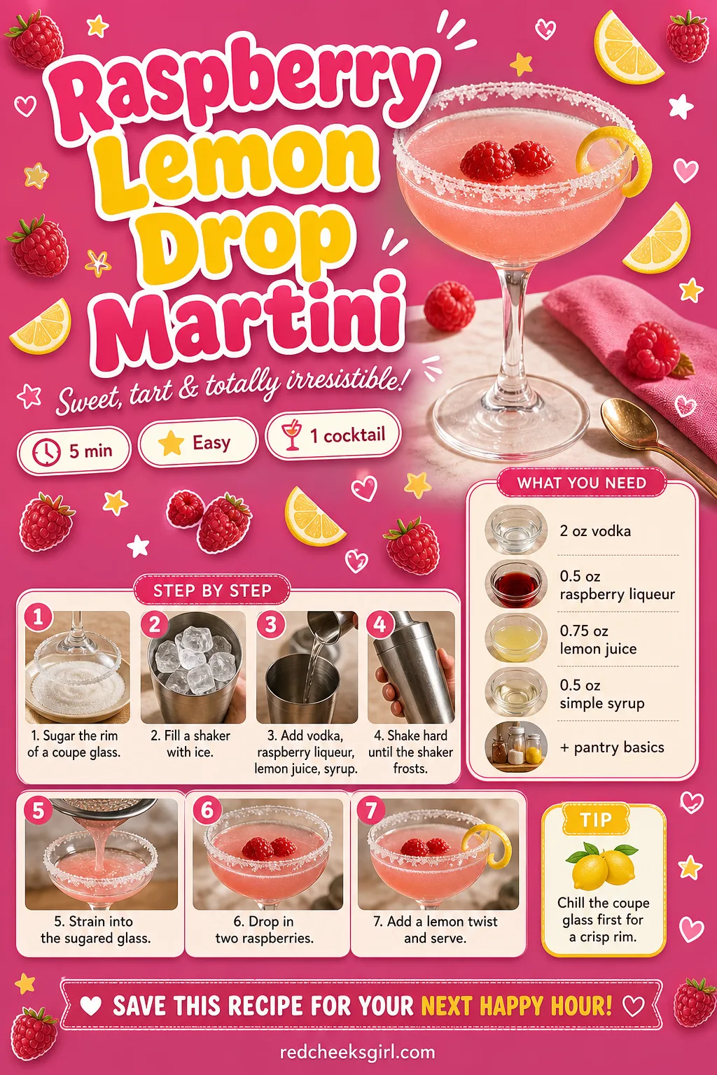 Raspberry Lemon Drop Martini Recipe Card printable sheet — Printable card: Raspberry Lemon Drop Martini, prep 5 min, total 5 min, yields 1 cocktail. Galentines