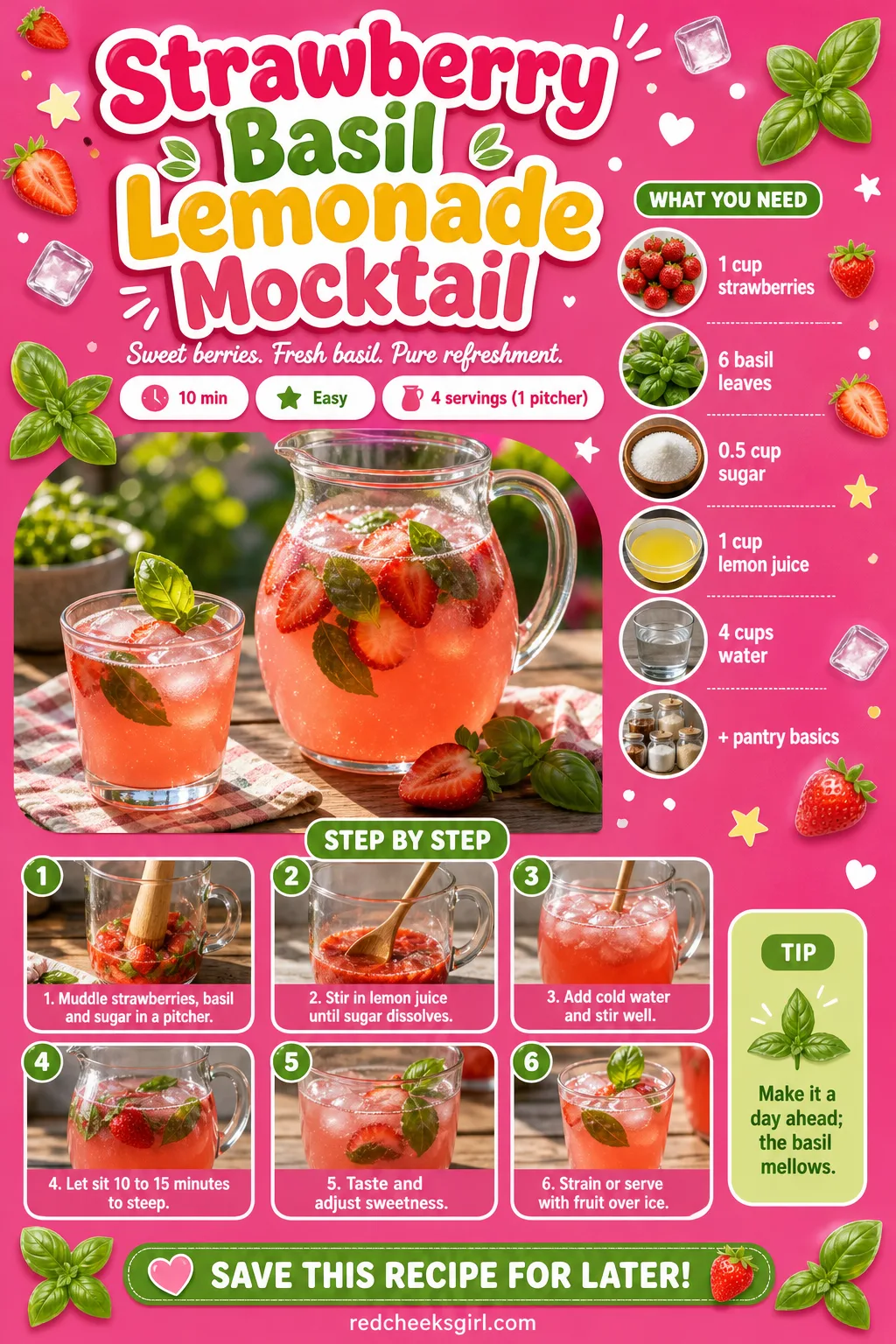 Strawberry Basil Lemonade Mocktail Recipe Card printable sheet — Printable card: Strawberry Basil Lemonade Mocktail, prep 10 min, total 10 min, yields 4