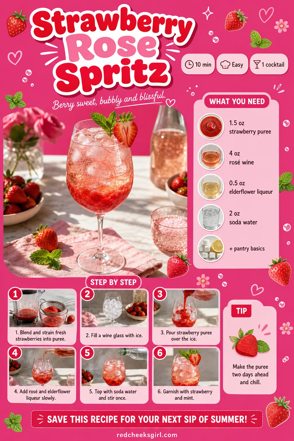 Strawberry Rose Spritz Recipe Card printable sheet — Printable card: Strawberry Rose Spritz, prep 10 min, total 10 min, yields 1 cocktail. Galentines drinks