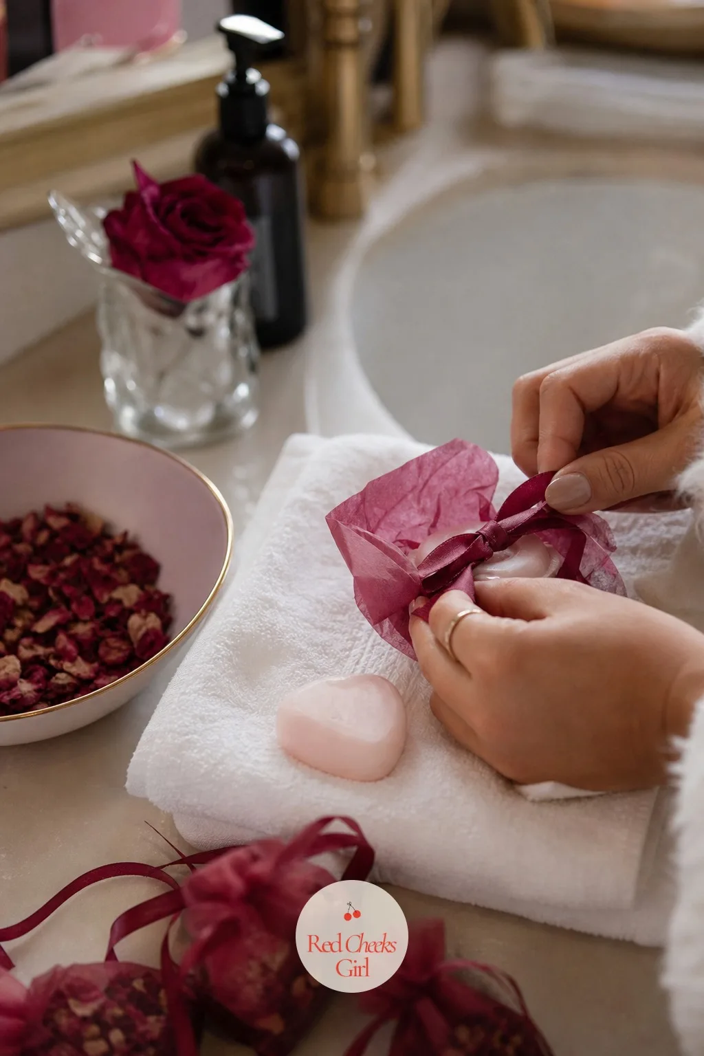 The Heart Shaped Guest Soap — A tiny bar of soap, molded into a heart and tinted the softest pink, wrapped in a single sheet of tissue paper and sealed with a