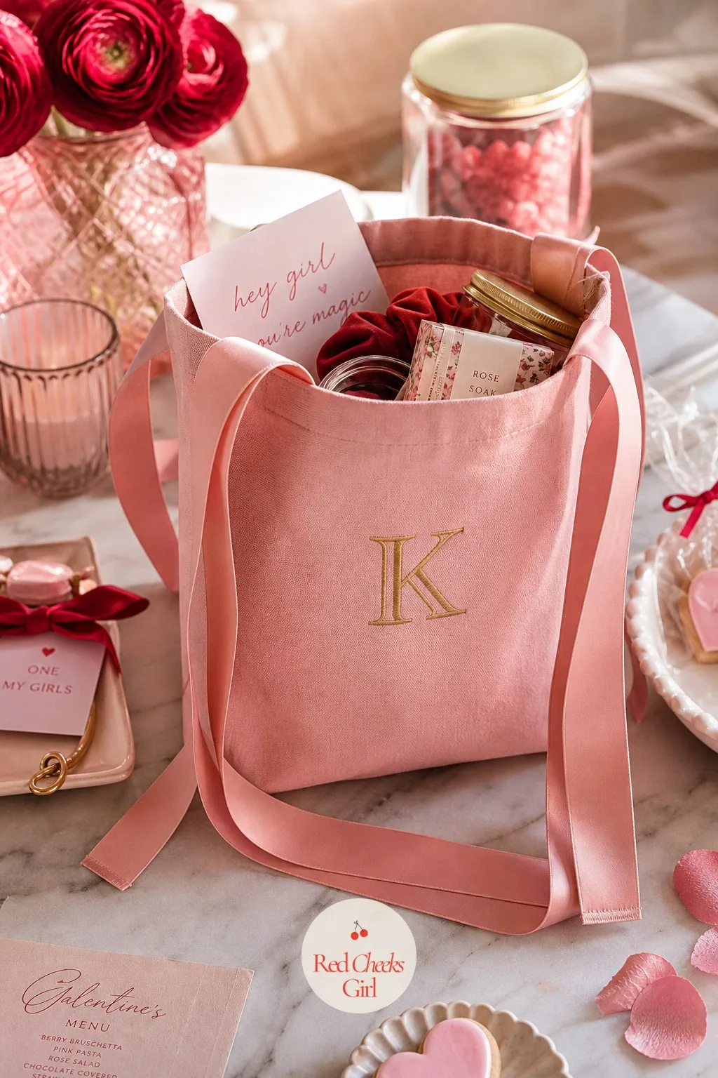 The Personalized Heart Tote — This is the favor that carries all the others, so it gets to be the biggest gesture on the table. Galentines party favors