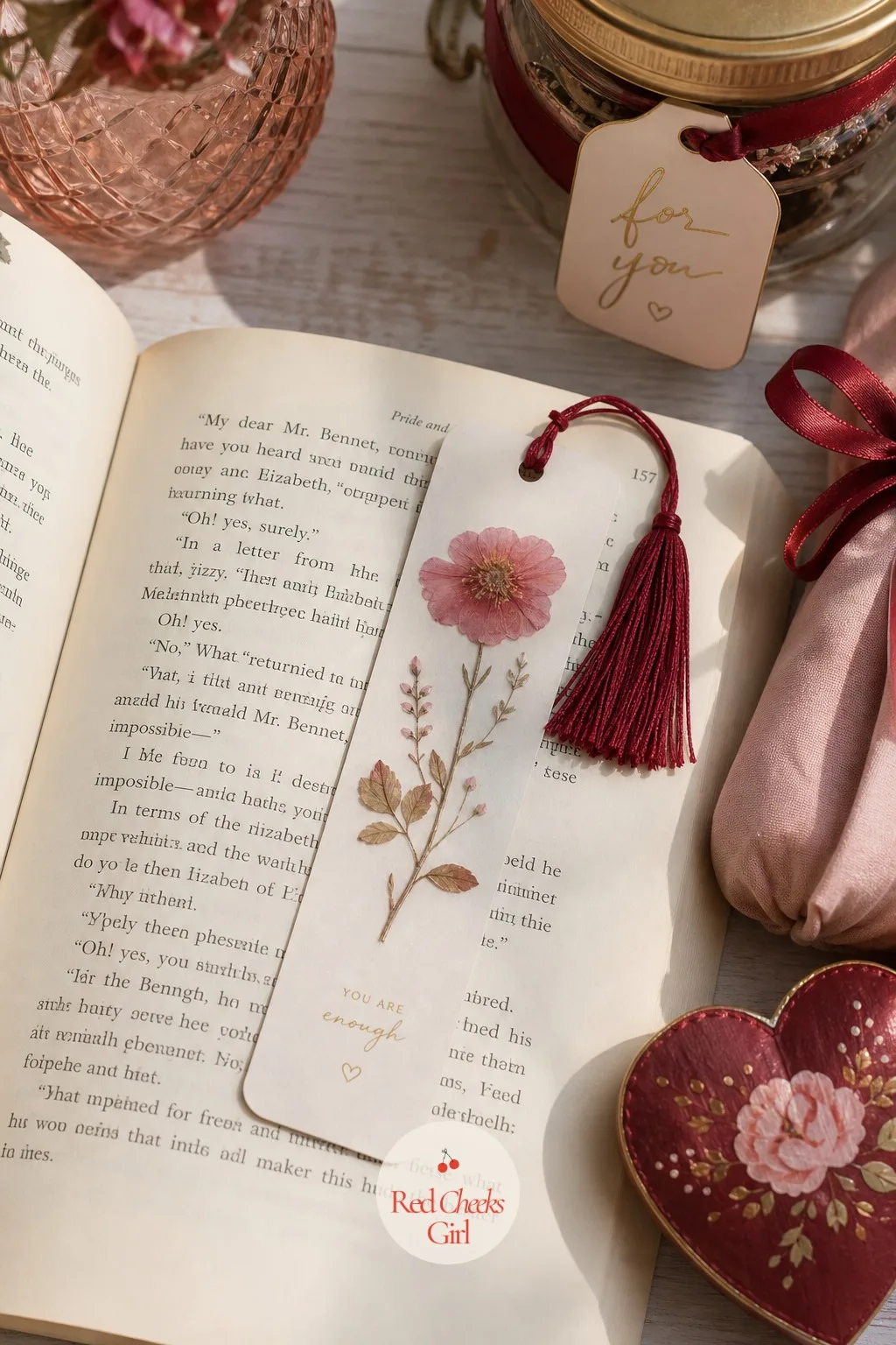 The Pressed Flower Bookmark — A strip of thick cardstock in blush pink, a real pressed flower sealed under clear laminate down the center, a small tassel of
