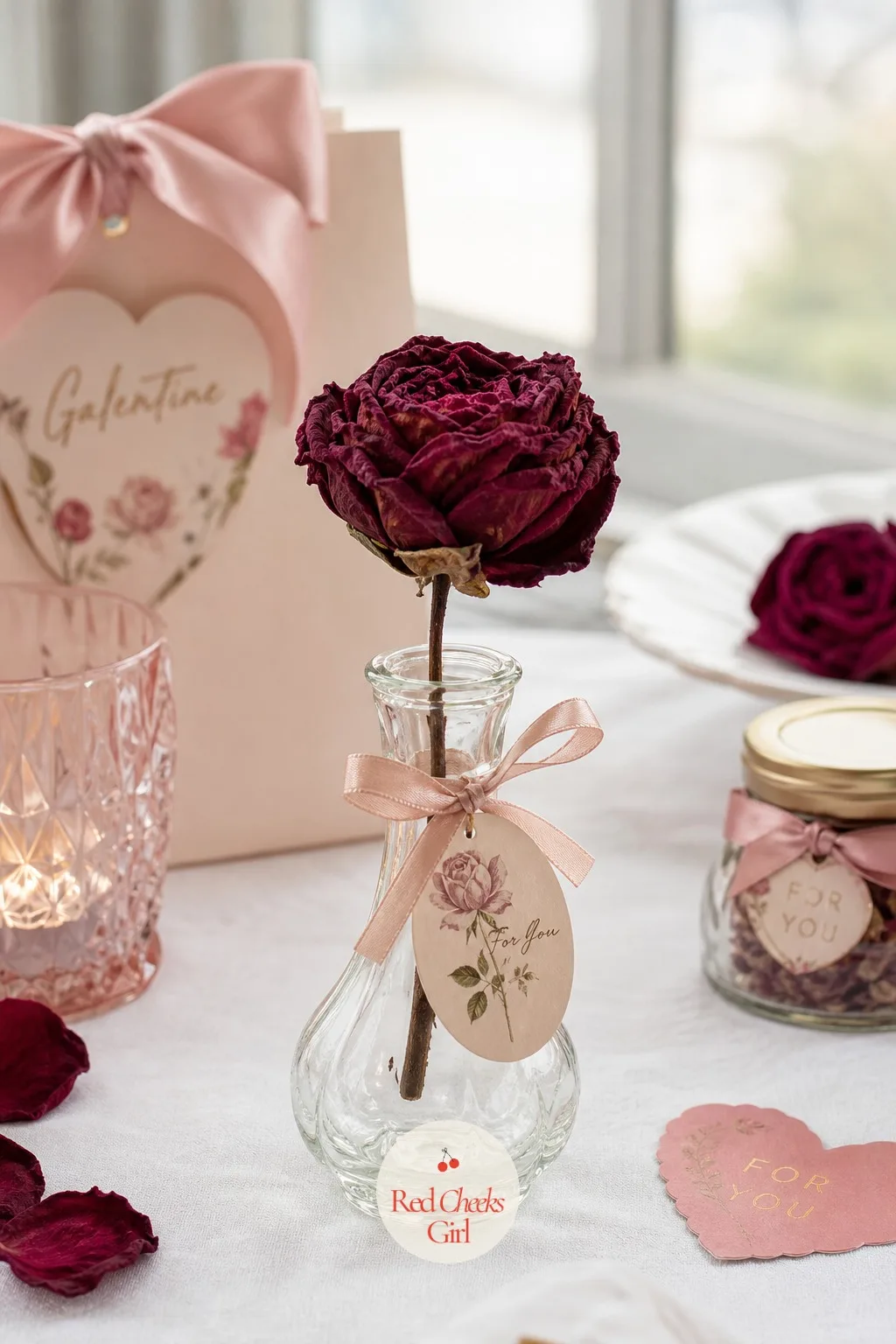 The Single Stem Bud Vase with a Dried Rose — One small glass bud vase, barely taller than a hand, holding a single dried rose in deep berry red. Galentines