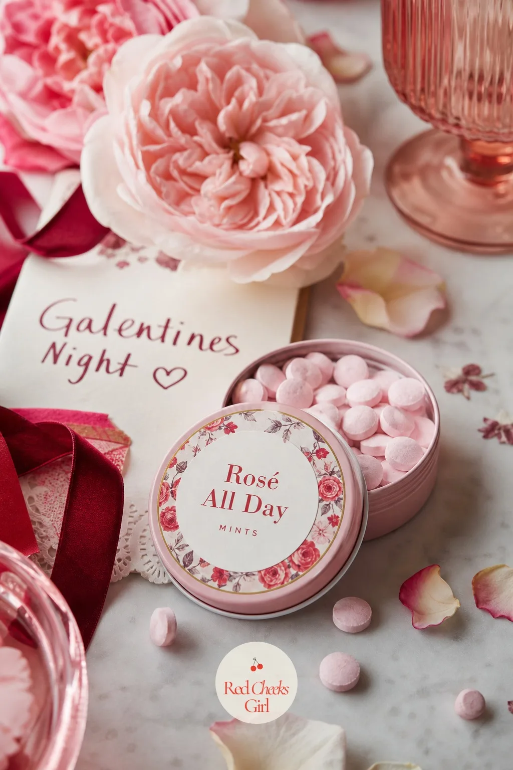 The Tin of Rose Pink Mints — A flat tin, the kind that fits in a back pocket, filled with pale pink mints and finished with a custom sticker on the lid.