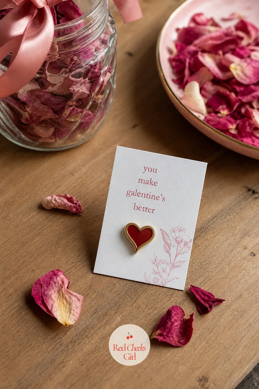 The Tiny Enamel Heart Pin — A small enamel pin, a simple heart in deep berry red with a thin gold outline, pinned to a little card that says something short