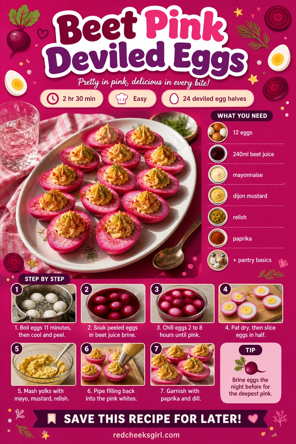 Beet Pink Deviled Eggs Recipe Card printable sheet — Printable card with photo, ingredient list and 10-step method. Galentines party food ideas
