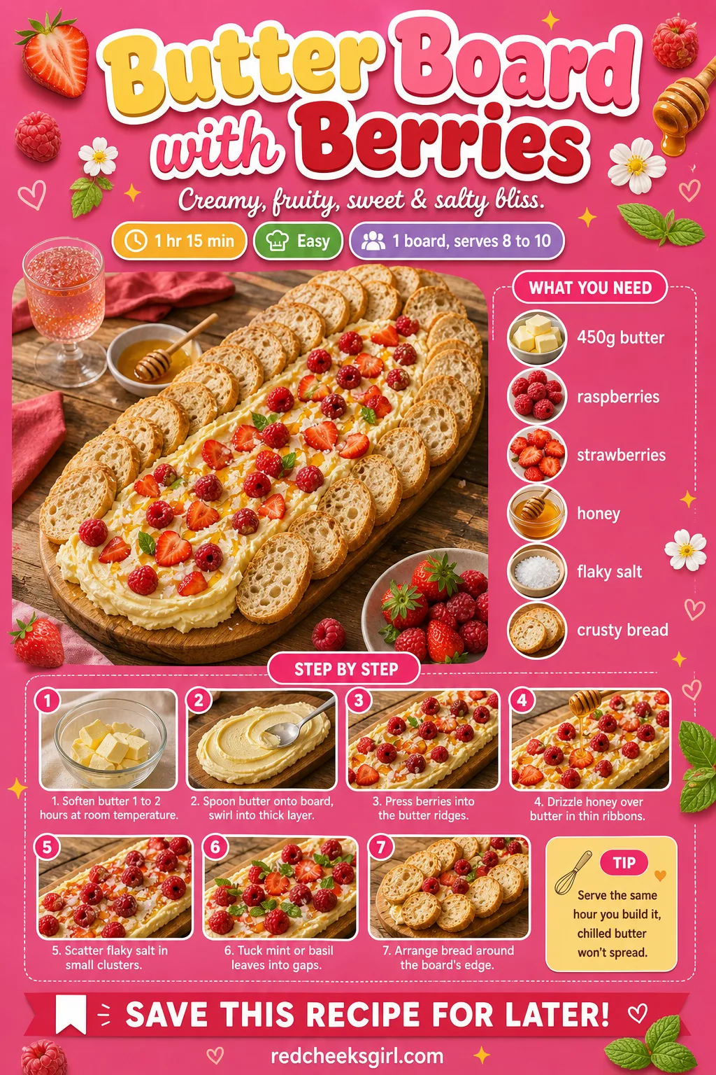 Butter Board with Berries Recipe Card printable sheet — Printable card with photo, ingredient list and 10-step method. Galentines party food ideas