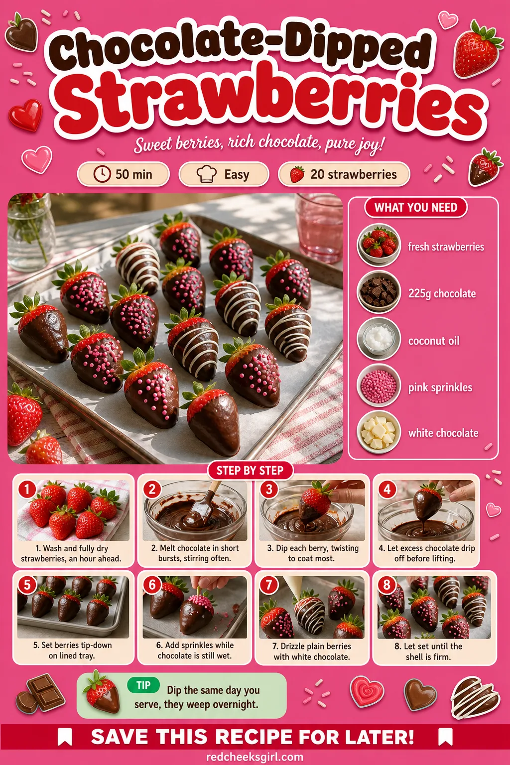 Chocolate-Dipped Strawberries Recipe Card printable sheet — Printable card with photo, ingredient list and 9-step method. Galentines party food ideas