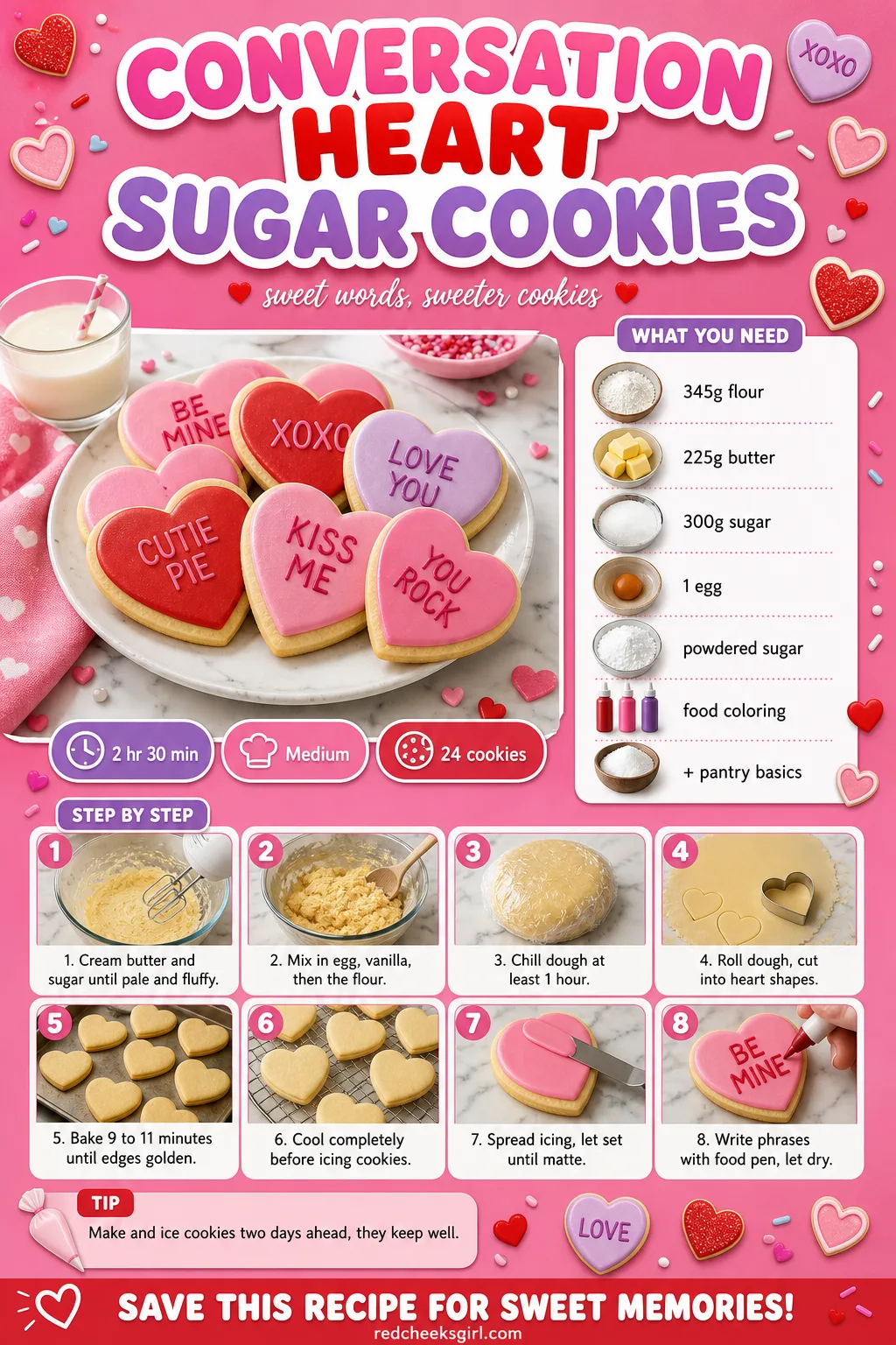 Conversation Heart Sugar Cookies Recipe Card printable sheet — Printable card with photo, ingredient list and 12-step method. Galentines party food ideas