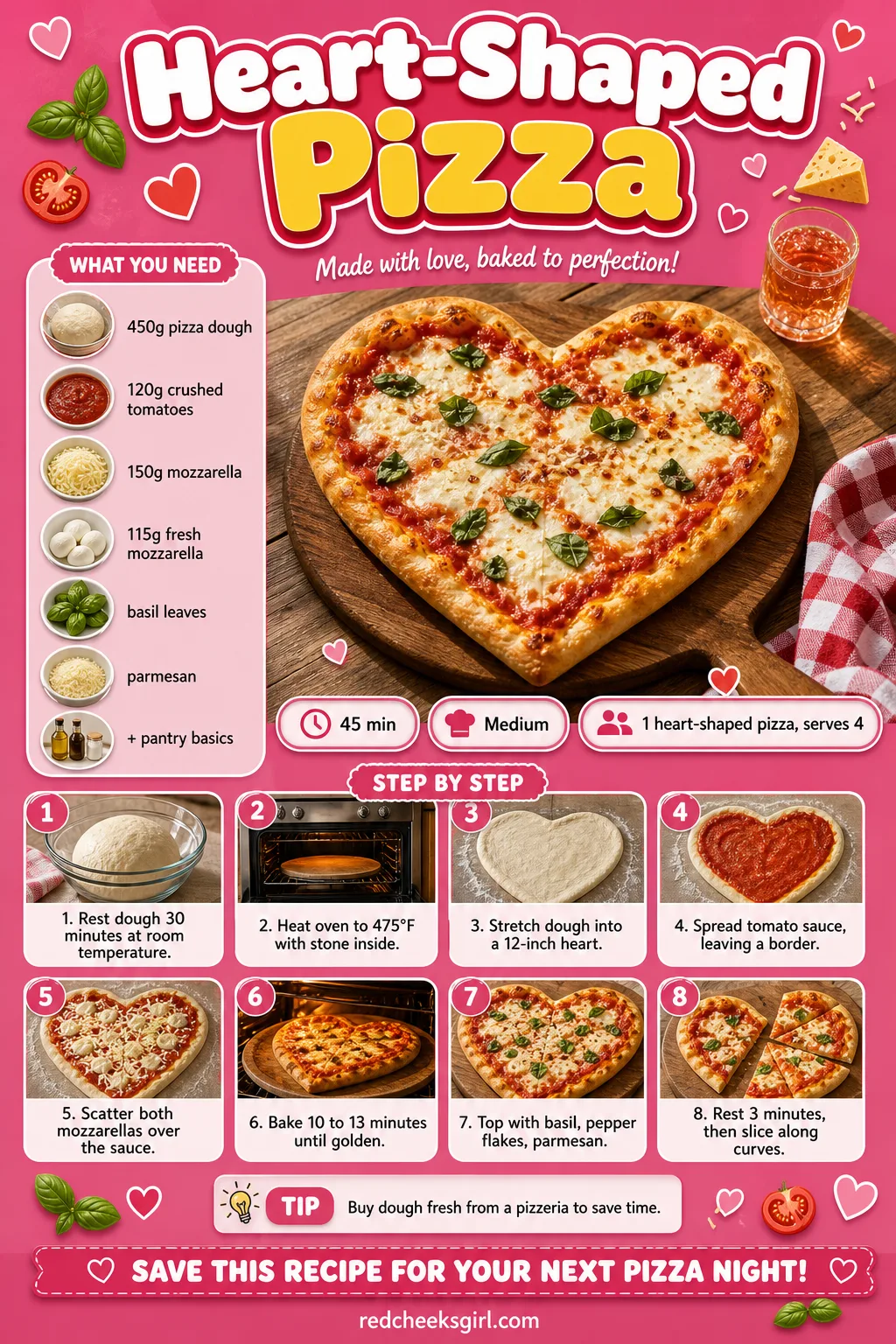 Heart-Shaped Pizza Recipe Card printable sheet — Printable card with photo, ingredient list and 10-step method. Galentines party food ideas