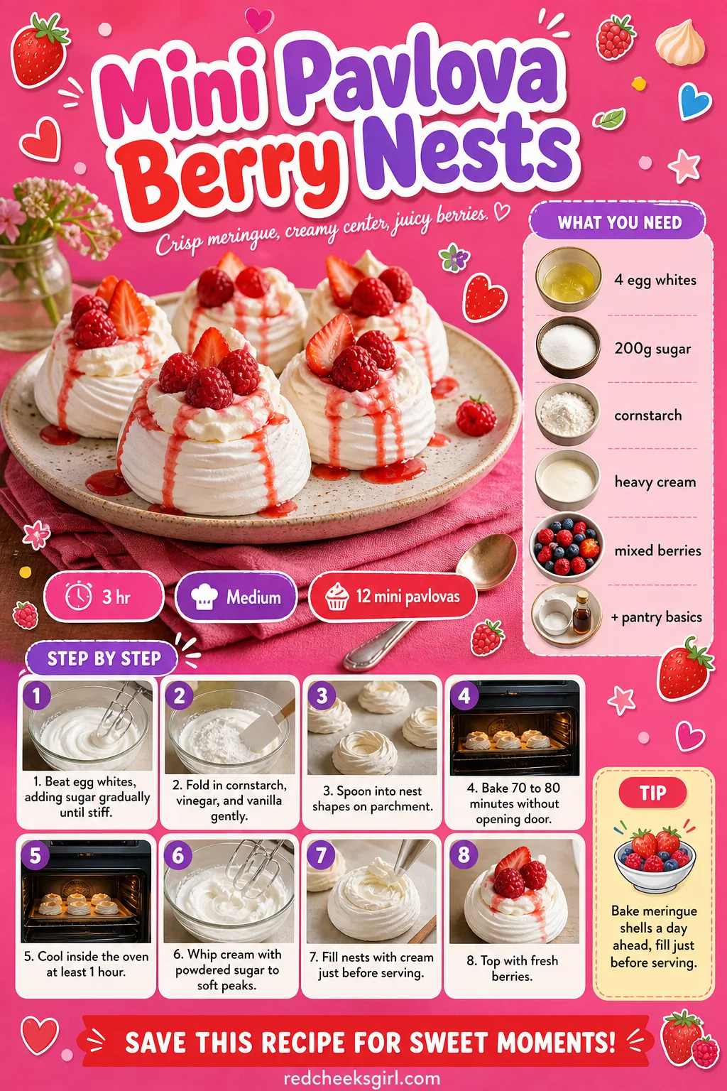 Mini Pavlova Berry Nests Recipe Card printable sheet — Printable card with photo, ingredient list and 10-step method. Galentines party food ideas
