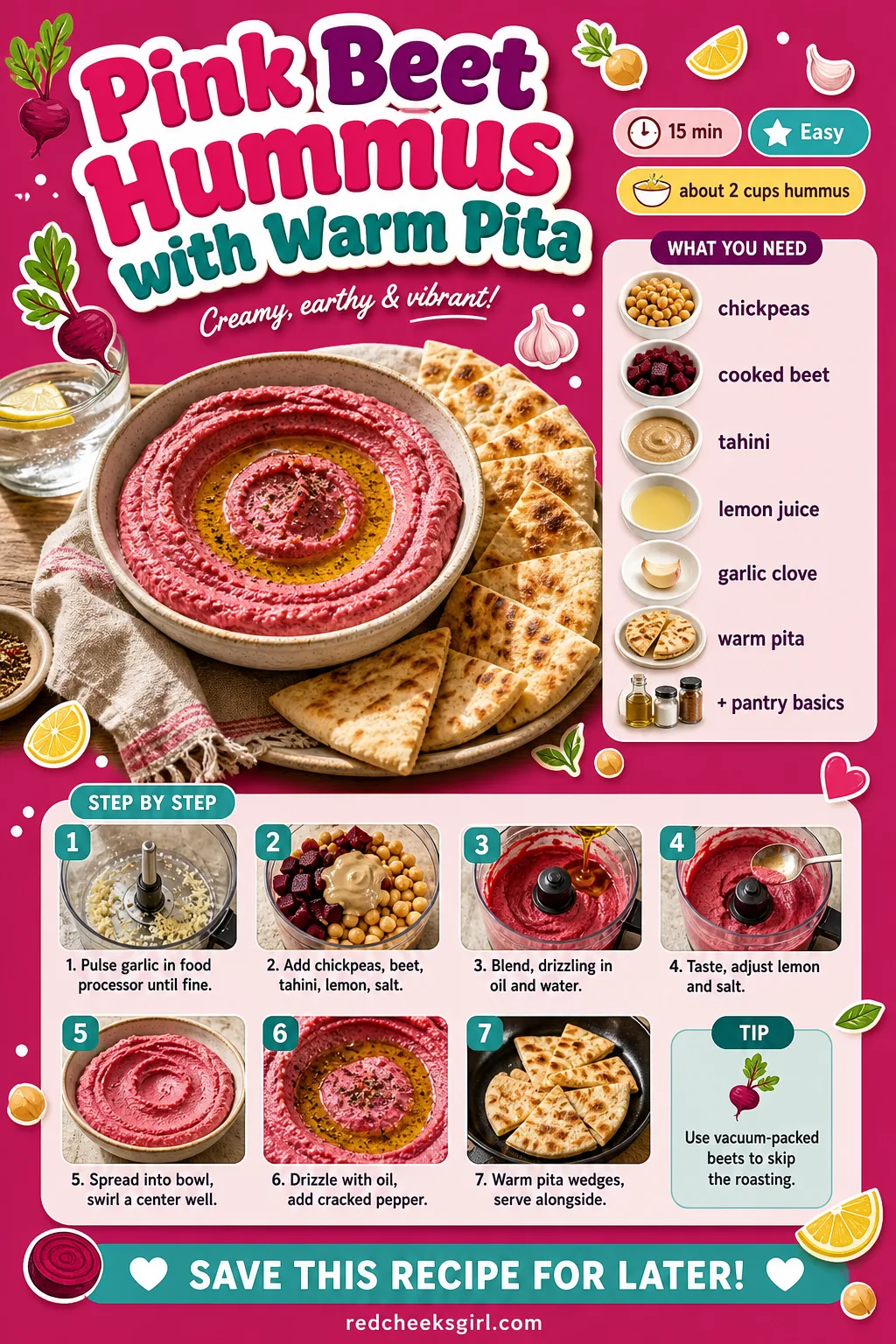 Pink Beet Hummus with Warm Pita Recipe Card printable sheet — Printable card with photo, ingredient list and 7-step method. Galentines party food ideas