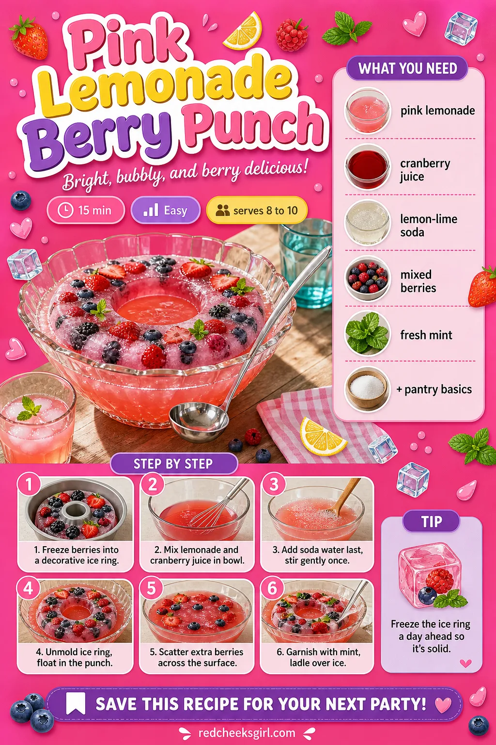 Pink Lemonade Berry Punch Recipe Card printable sheet — Printable card with photo, ingredient list and 6-step method. Galentines party food ideas