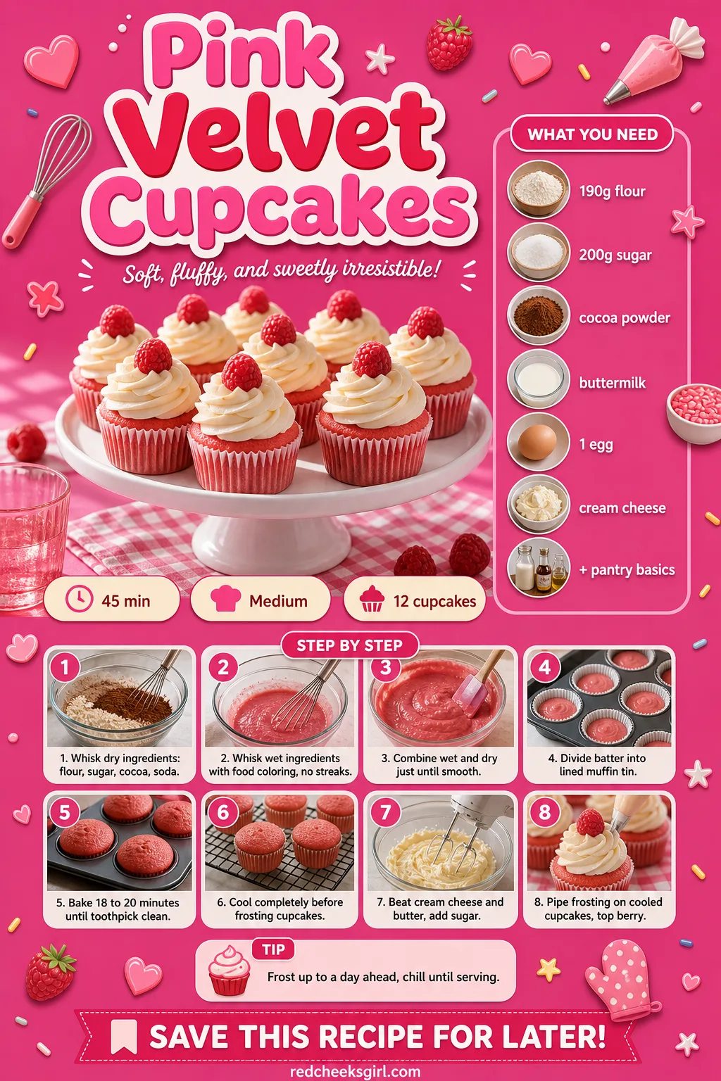 Pink Velvet Cupcakes Recipe Card printable sheet — Printable card with photo, ingredient list and 10-step method. Galentines party food ideas