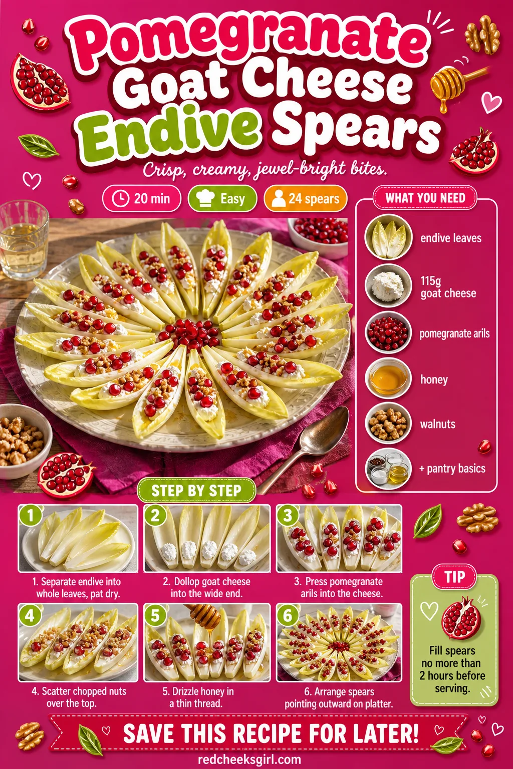 Pomegranate Goat Cheese Endive Spears Recipe Card printable sheet — Printable card with photo, ingredient list and 6-step method. Galentines party food ideas