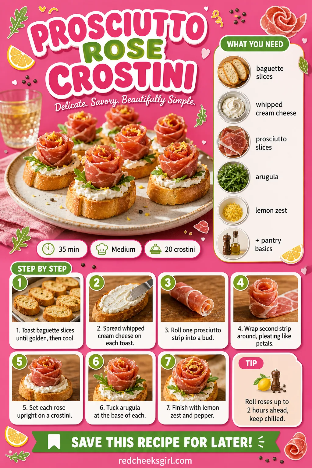 Prosciutto Rose Crostini Recipe Card printable sheet — Printable card with photo, ingredient list and 8-step method. Galentines party food ideas