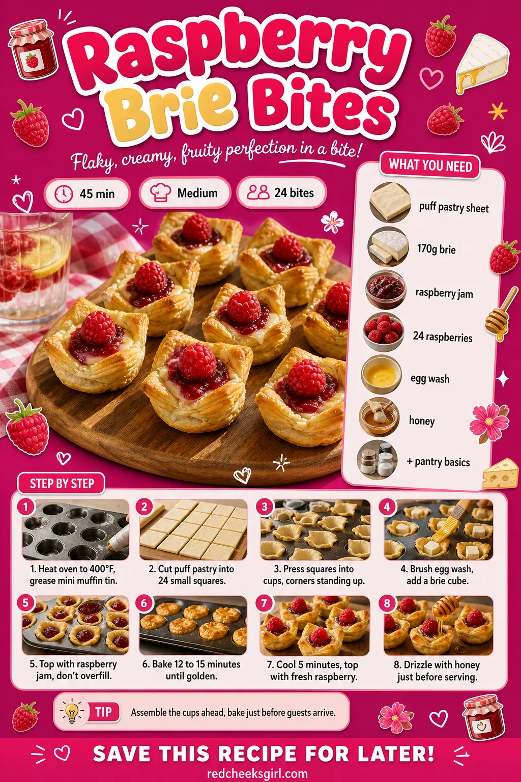 Raspberry Brie Bites Recipe Card printable sheet — Printable card with photo, ingredient list and 11-step method. Galentines party food ideas