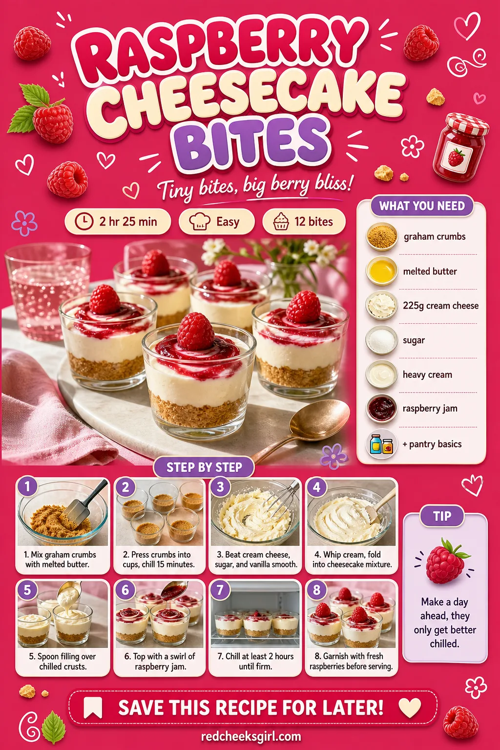 Raspberry Cheesecake Bites Recipe Card printable sheet — Printable card with photo, ingredient list and 9-step method. Galentines party food ideas
