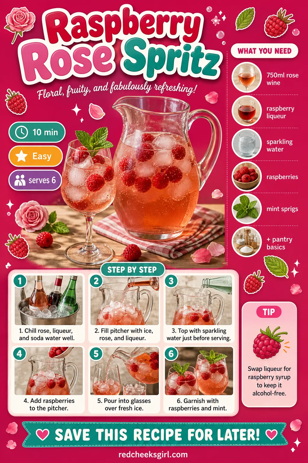 Raspberry Rose Spritz Recipe Card printable sheet — Printable card with photo, ingredient list and 5-step method. Galentines party food ideas