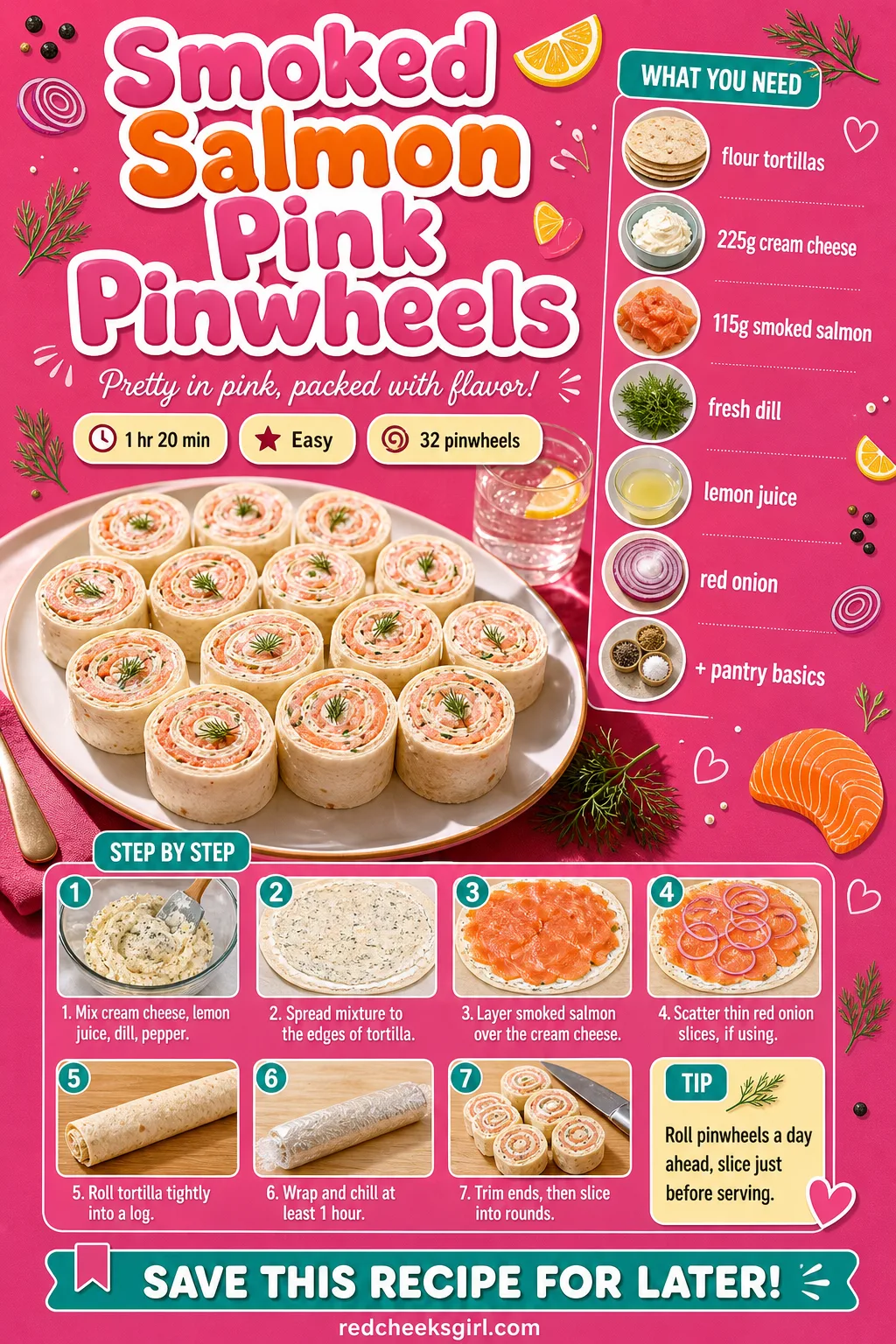 Smoked Salmon Pink Pinwheels Recipe Card printable sheet — Printable card with photo, ingredient list and 9-step method. Galentines party food ideas