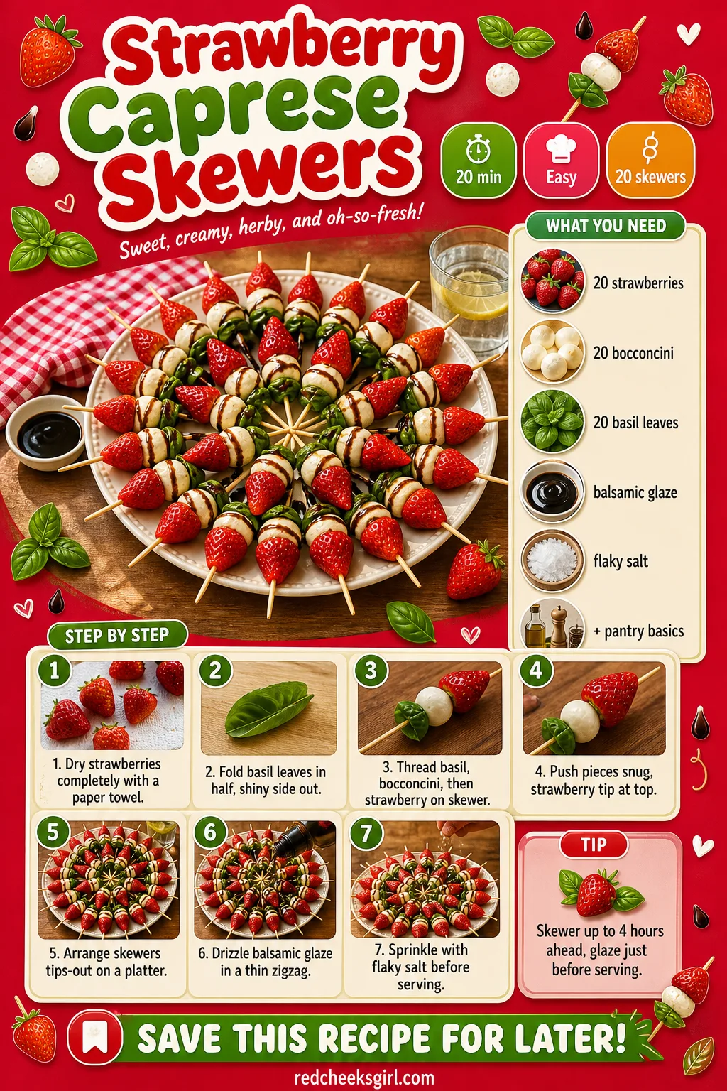 Strawberry Caprese Skewers Recipe Card printable sheet — Printable card with photo, ingredient list and 8-step method. Galentines party food ideas