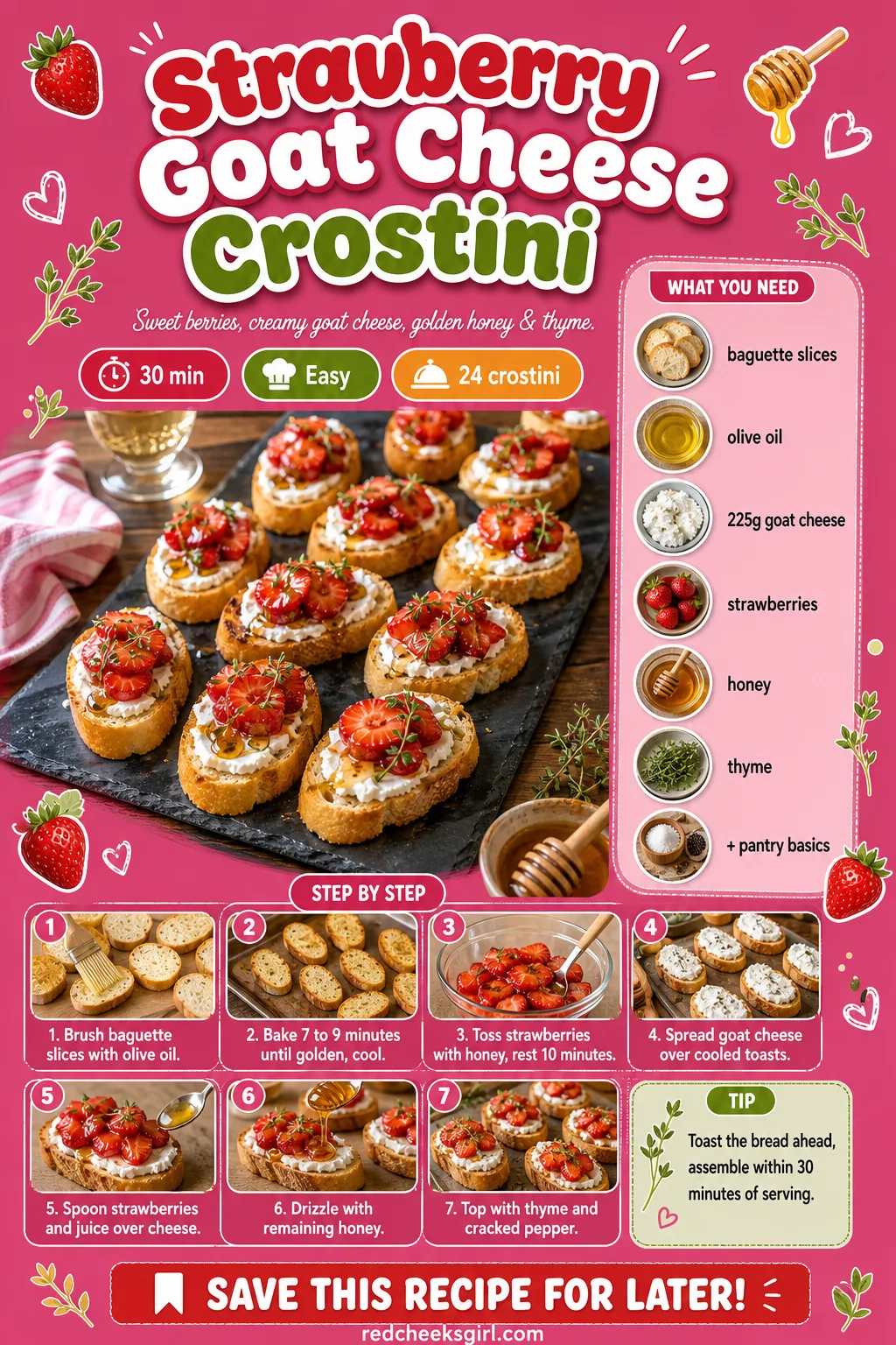 Strawberry Goat Cheese Crostini Recipe Card printable sheet — Printable card with photo, ingredient list and 10-step method. Galentines party food ideas