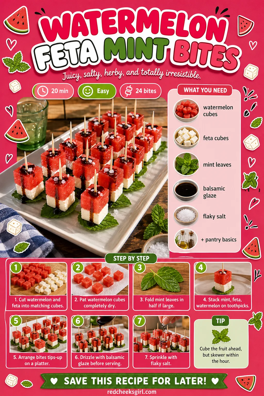 Watermelon Feta Mint Bites Recipe Card printable sheet — Printable card with photo, ingredient list and 8-step method. Galentines party food ideas