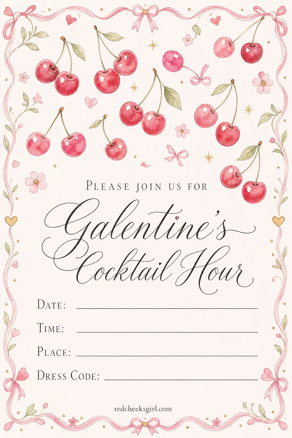 The Cocktail Hour Invite printable sheet — For the dressier early evening, cocktails before dinner and small plates passed around. Galentines invitation