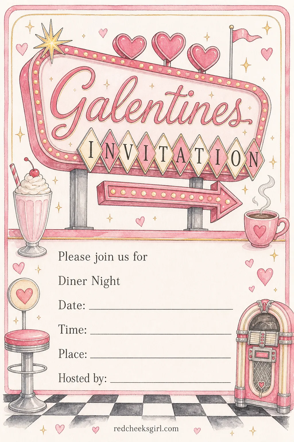The Diner Night Invite printable sheet — Milkshakes, booth seating, the kind of night that wants neon more than candlelight. Galentines invitation