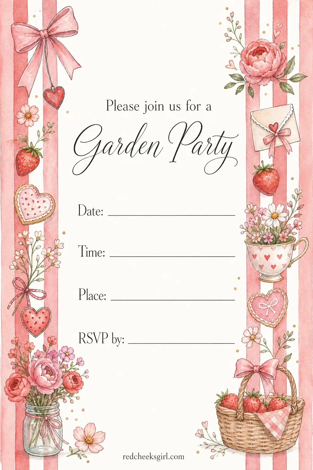 The Garden Party Invite printable sheet — Daylight, somewhere outside if the weather cooperates, or a bright room if it would rather not. Galentines invitation
