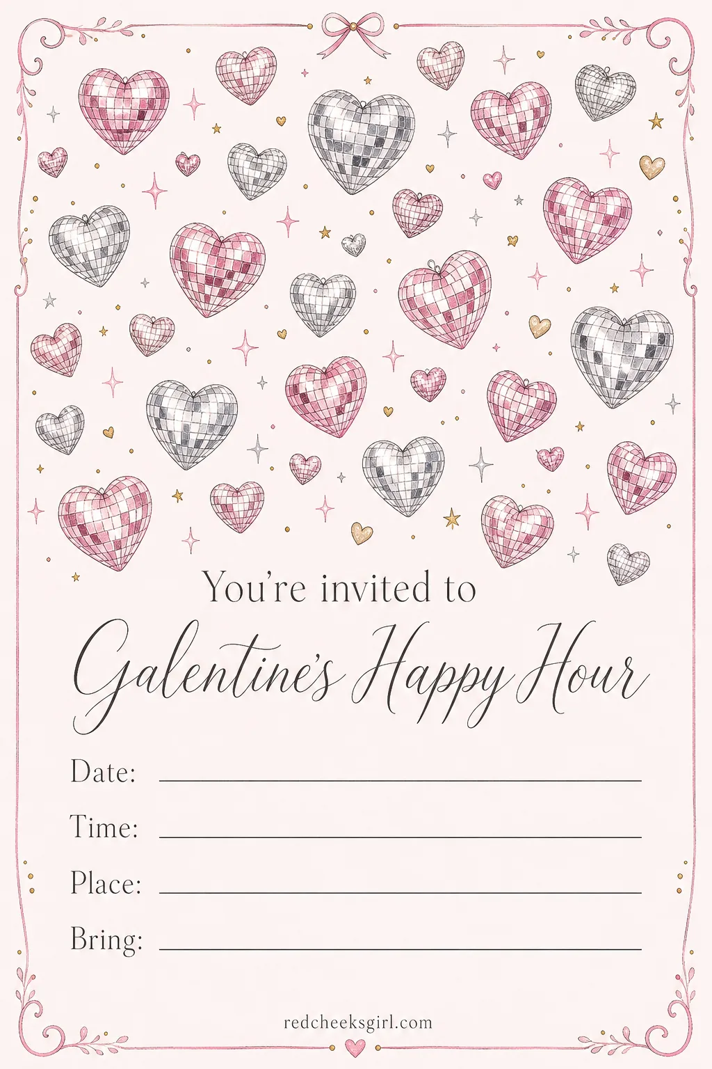 The Happy Hour Invite printable sheet — After work, before the night gets serious, this one is built for the casual in-between hour. Galentines invitation