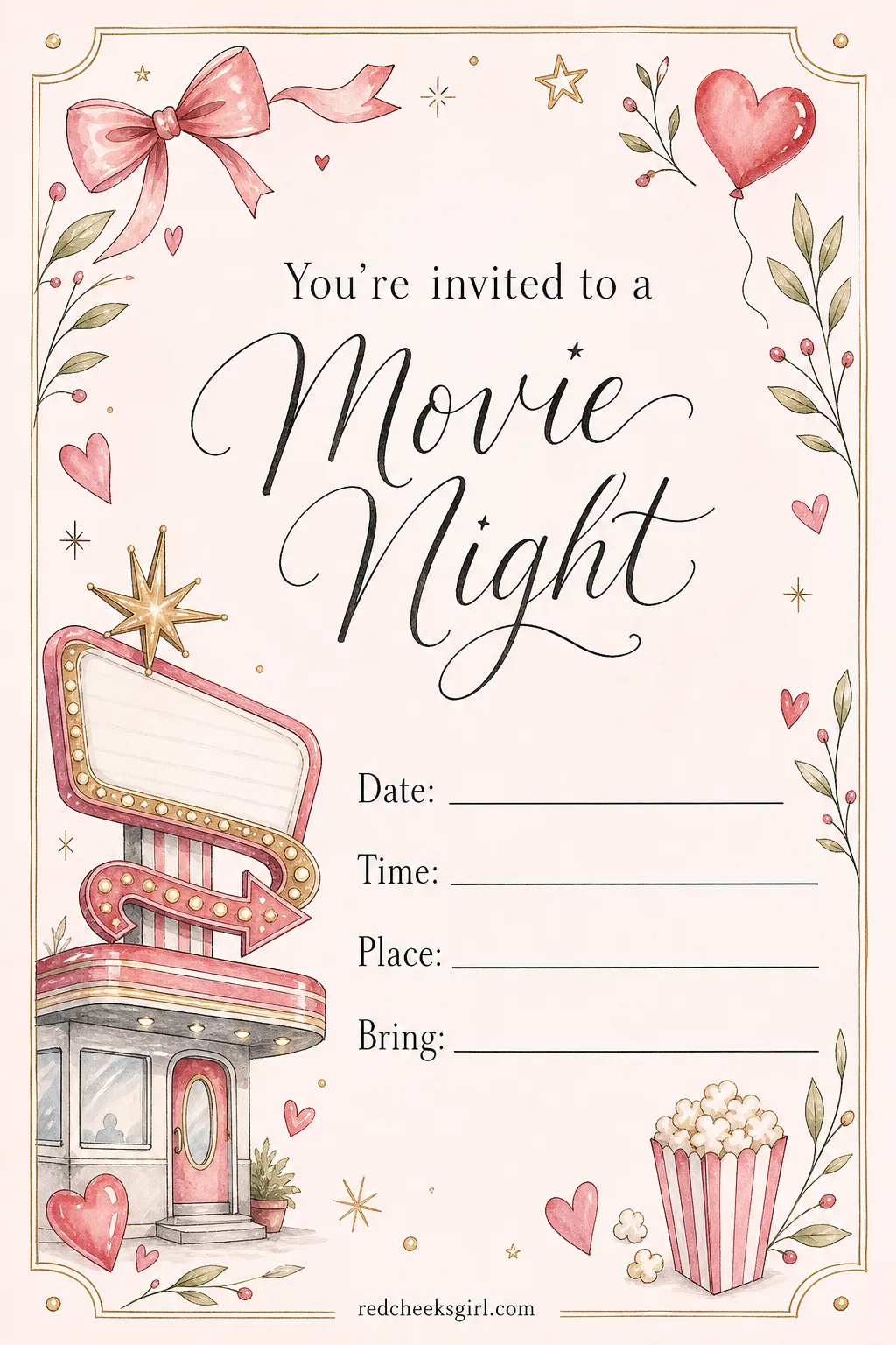 The Movie Night Invite printable sheet — Popcorn, pajamas, and a group chat already arguing about what to watch. Galentines invitation