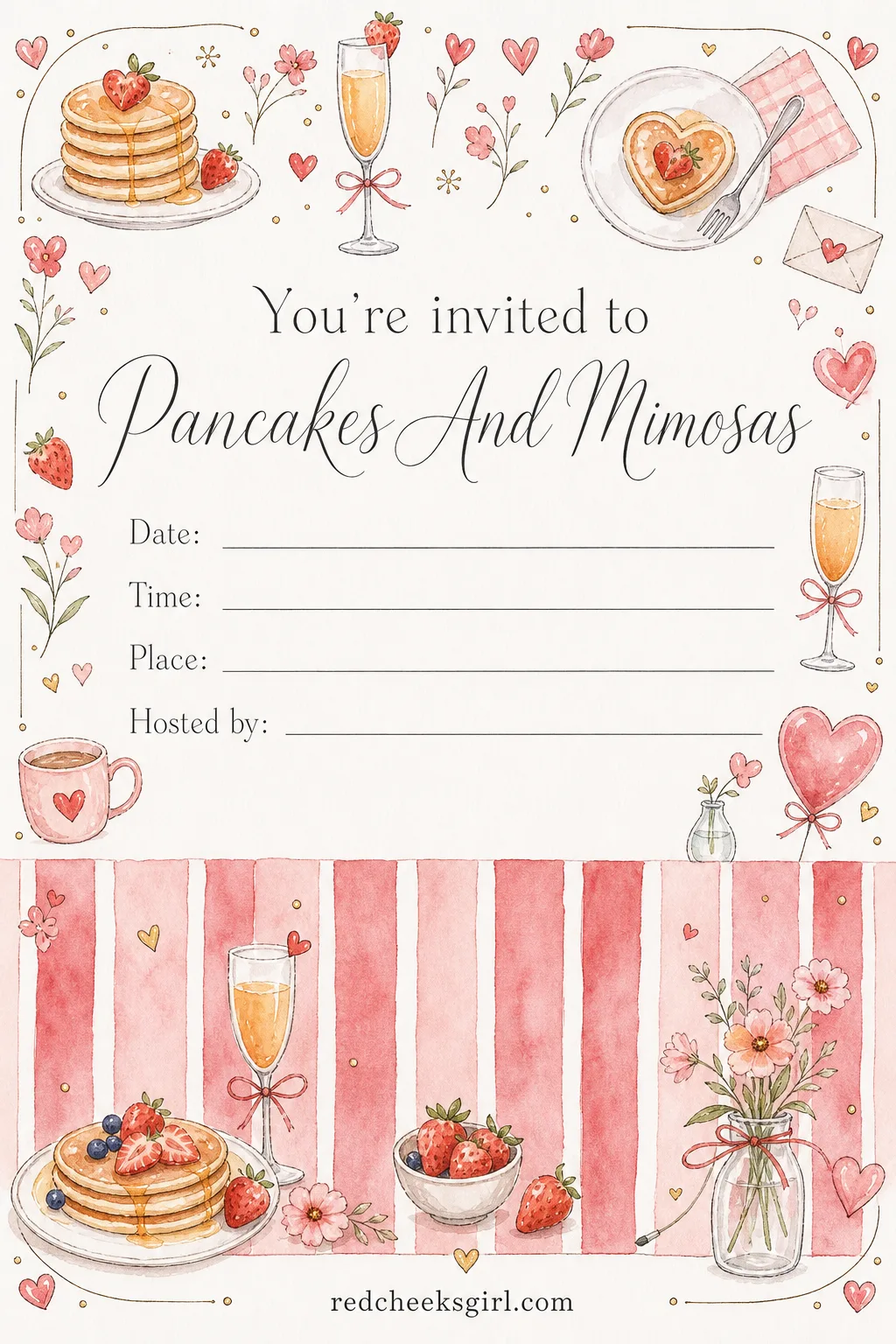 The Pancakes And Mimosas Invite printable sheet — This one belongs to whoever is hosting the most literal brunch of the bunch, syrup and all. Galentines