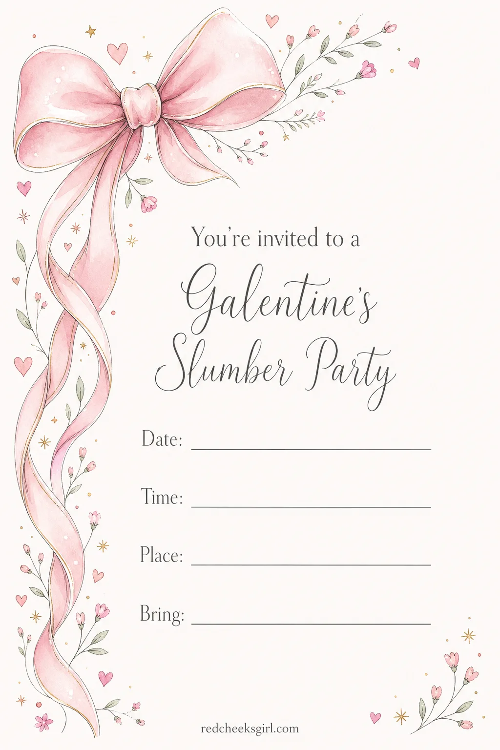 The Slumber Party Invite printable sheet — She is asking the group to show up in pajamas, face masks on, nothing to prove. Galentines invitation