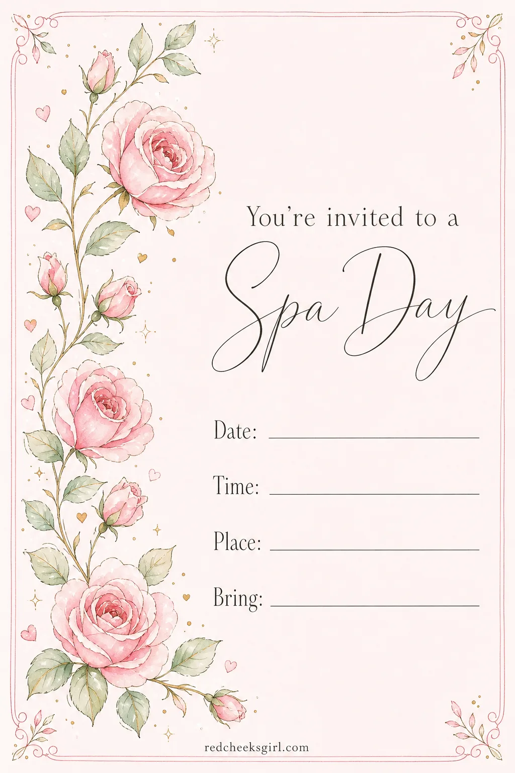 The Spa Day Invite printable sheet — Face masks, robes, a pace slower than the rest of the week allows. Galentines invitation